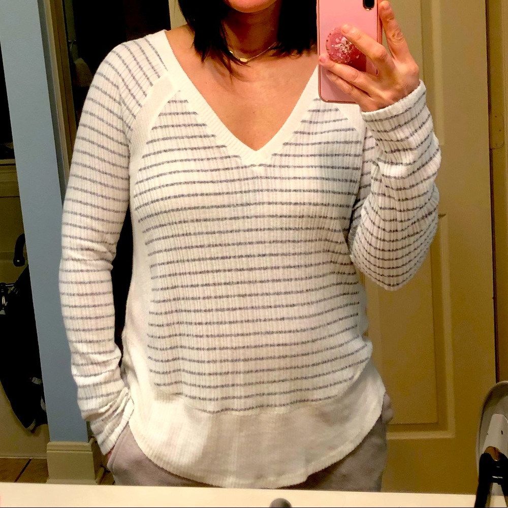 Cream and gray striped long sleeve top Size S